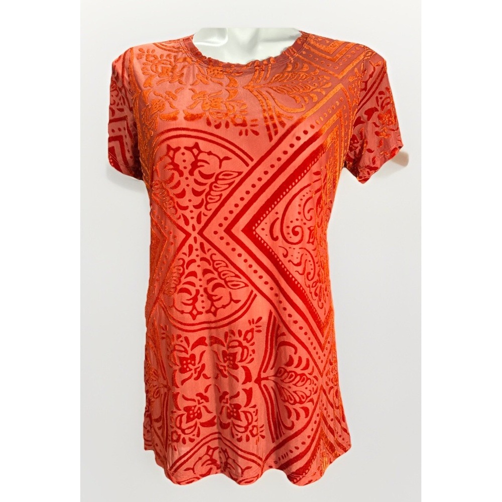 Hannah Women's SM Whimsigoth Velvet Burnout Short Sleeve Top Rusty Red Sheer NWT